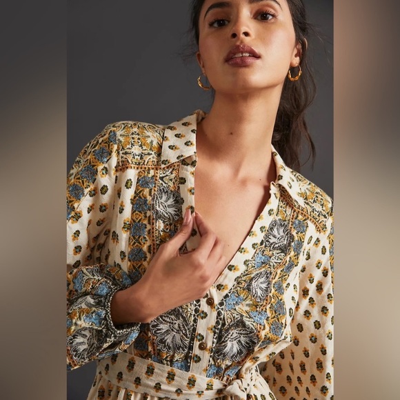 Anthropologie Floral Mini Dress size XS Long Sleeve Embroidered Shirtdress - Picture 4 of 15